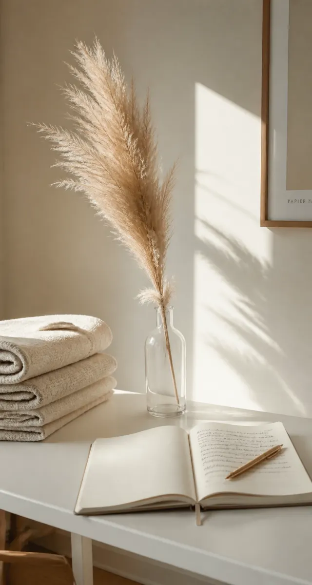 Mesa minimalista com caderno aberto e capim dos pampas